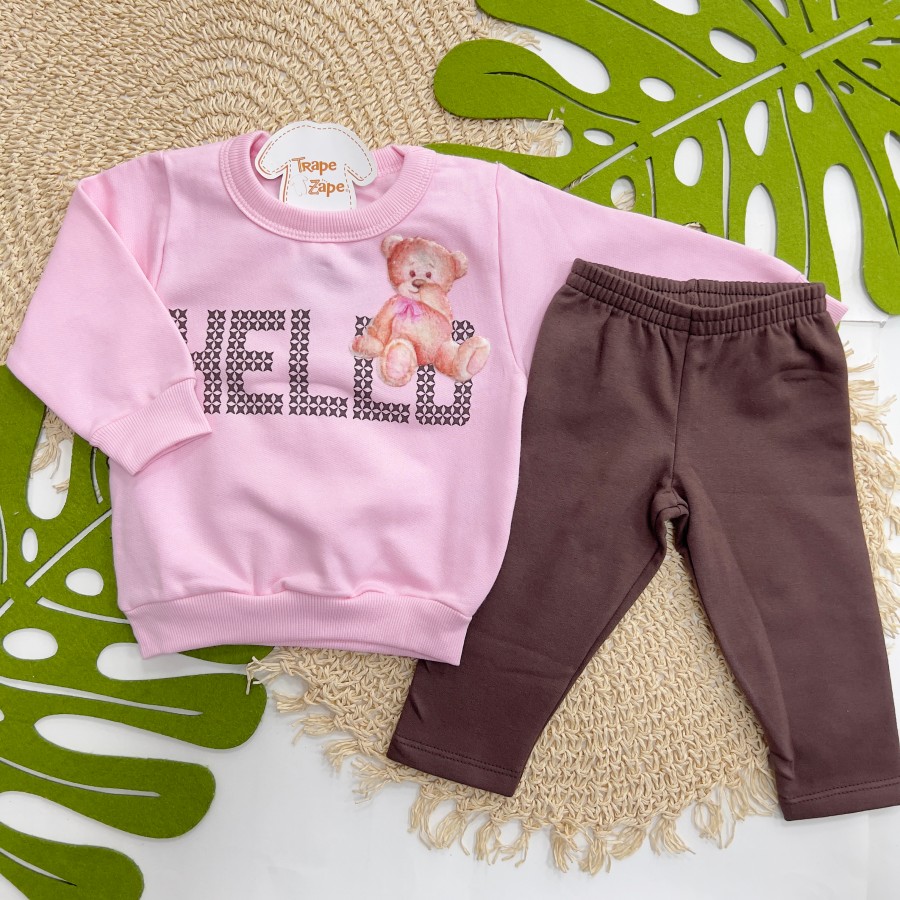    Inverno 2025 - Conj. Blusa "Hello" e Calça Legging - Rosa e Marrom